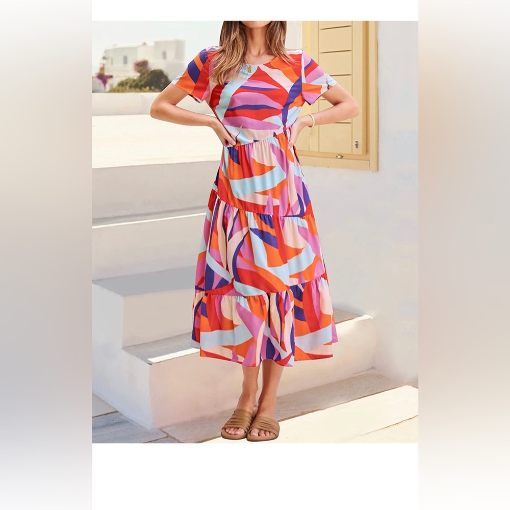 NWT Summer Floral Short Sleeve Crew Neck Loose Tiered Swing Midi Dress